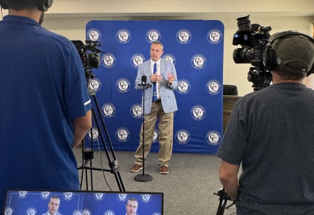 CCISD Superintendent Brent Hawkins speaks about the bond election during a press conference on Wednesday morning. 