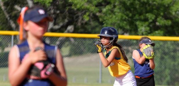 8U Athletics’ Trinity Zavala prepares to run at second base during the third inning of their Copperas Cove Parks and Recreation league game against the Lady Astros Saturday at the City Park ball fields.
