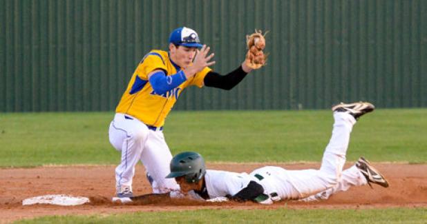 Copperas Cove second baseman Kyle Winstead corrals a throw to second as he attempts to tag out and Ellison base runner Tuesday evening. Cove dropped the road game 9-7.