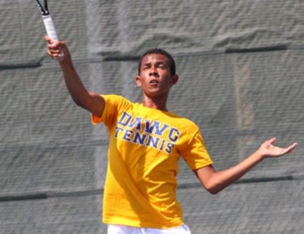 Copperas Cove’s Dominic Smith hits a forehand volley during his game against Pfugerville’s Adam Compton on Friday. Cove split matches with Killeen and Pflugerville to move to 4-1 on the season in team tennis.