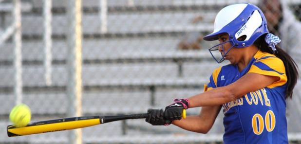 Copperas Cove senior Irene Espinoza makes contact with the ball in the first inning of their 16-0 mercy rule win over Killeen on Tuesday.