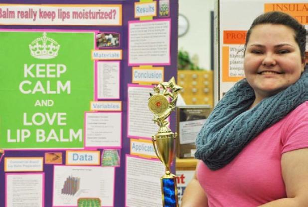 CCHS Sophomore Aleia Wardlow is all smiles holding her first place trophy for winning 1st place at the CCHS Science Fair. Wardlow will compete at the district level with her project, “Does Lip Balm Really Keep Lips Moisturized?”
