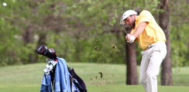 Copperas Cove’s Hunter Wehmeier hits his approach shot on hole eight during day one of the District 8-5A Golf Tournament at the Stonetree Golf Course in Killeen on Monday.