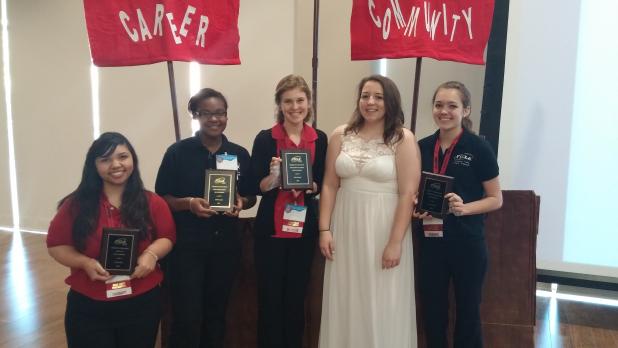 Eight CCHS future business leaders are competing through Saturday at the Texas Family, Career and Community Leaders of America Conference in Corpus Christi after capturing top honors in the regional contest.  (L-R) Serena Villa, T’Keya Logan, Hailey Hensley, Kelsey Wheadon, and Nicole Martinez.  Not Pictured: Allison Evans, Katelyn Sloan, and Cassidy LaPierre.