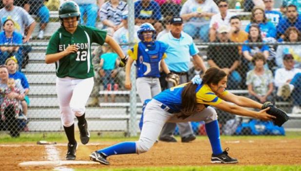 Autumn Hughes stretches for a putout at first as Ellison Lady Eagle Sydney Clemente sprints down the first base line. Copperas Cove allowed one run in the blowout.