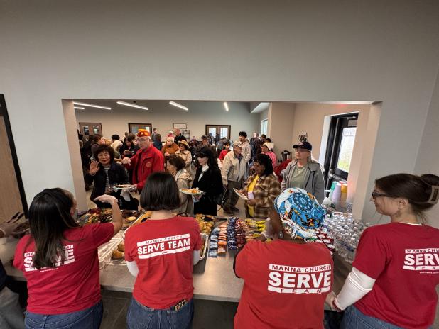 File photo  -- Members of Manna Church help serve during the Copperas Cove Senior Center’s grand opening in February. Presently the center is open reduced hours and cold meals are being provided during the week while the kitchen is undergoing repairs.  