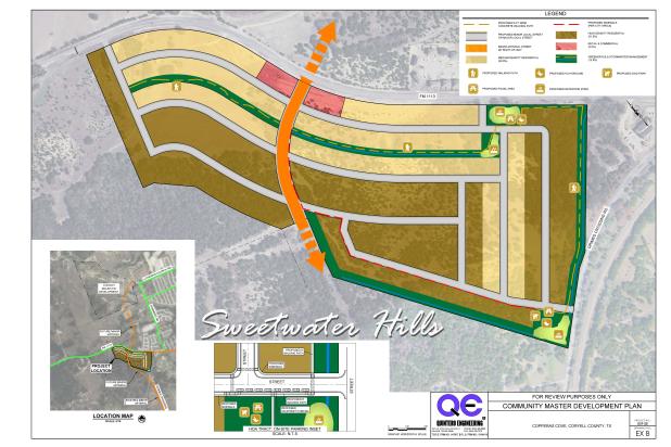Sweetwater Hills is a proposed mixed-used residential development that is in the ETJ of the City of Copperas Cove. The acreage will include 390 lots, in a mixture of medium and high-density residential properties, to include single-family detached and/or duplex (medium density residential); duplexes; townhouse attached and/or single-family detached (high density residential). 