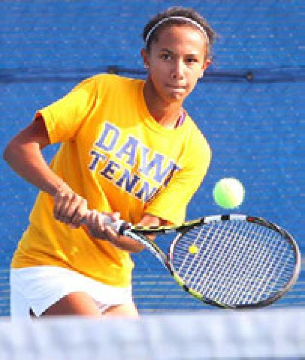 Cove freshman Kaylen Byrd hits a backhand during the Area Team Tennis Tournament Wednesday in Waco. Byrd won her singles match and her and Tatiana Wagner earned a doubles’ victory. The team lost a tough battle to Rockwall 10-8.