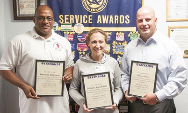 Jonathan Haywood, Bethany Barkholder and Howard Ray were each inducted into the National Exchange Club during Wednesdays meeting at Lil Tex Restaurant in Copperas Cove.