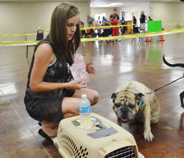 Sonya Woodson gives her dog, Buster, a bone at Wednesday afternoon’s pet clinic hosted by the Copperas Cove Animal Shelter.