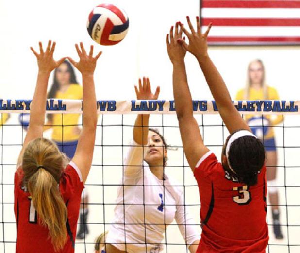 Cove senior captain Mikayla Blount hits for a kill between two Belton defenders during their sweep of the Lady Tigers in last Tuesday’s season finale. The Lady Dawgs (35-10, 10-2) will face the Rockwall Lady Yellowjackets (25-14, 12-2) at 7 p.m. tonight at Corsicana High School in the Bidistrict round of the UIL 2014 State Volleyball Championships.