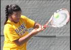 CCLP/TJ MAXWELL - Cove’s Abby Mackwelung hits a backhand during a match against Lampasas. Mackwelung and sister, Zonya, went undefeated in their six singles and doubles matches on Saturday.