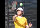 CCLP/TJ MAXWELL - Cove’s Nick Motley hits a forehand return during the Dawg Tennis Classic Saturday at Copperas Cove High School. Motley and doubles teammate Brett Alber finished fourth to lead Cove.
