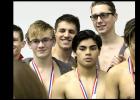CCLP/TJ MAXWELL - The Copperas Cove AquaDawgs 400-yard relay team of, from left, Christian Gaston, Paul Muniz, Jacob Guerrero and Carson McVeigh earned a silver medal in the event to qualify for the Region III-6A meet to be held at the Rockwall Aquatics Center Feb. 3-4.