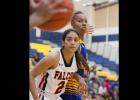 CCLP/TJ MAXWELL - Cove junior Erica Powell awaits the inbounds pass as San Antonio Stevens’ Cyrenna Rodriguez defends during the Lady Dawgs’ 44-41 win over the Lady Falcons on Friday.