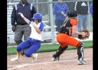 CCLP/TJ MAXWELL - Cove sophomore Addie Cook slides into home plate in front of the tag attempt by San Angelo Central catcher Mickayla Jones during the second inning of the Lady Dawg’s 13-3 mercy-rule win over the Lady Bobcats Tuesday in Cove. Cook was 1 for 3 with a three RBI triple in the fifth inning.