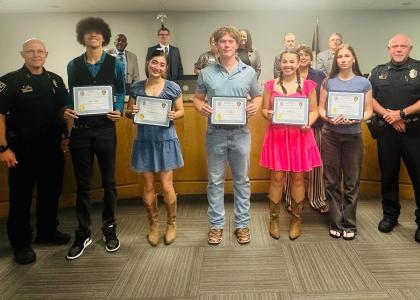 Courtesy Photo  -- Recent Copperas Cove High School graduates Lane Ledger, Presley Lowrey, Tyson Hart, Isabel Orta, and Madison Bogard were recognized during Tuesday night’s City Council workshop on being selected as recipients of the Chief Tim Molnes Scholarship. Awarded annually, the $1,000 scholarship was created in honor of the former Copperas Cove, Texas Police Chief Tim Molnes, who served Copperas Cove for 36 years. 