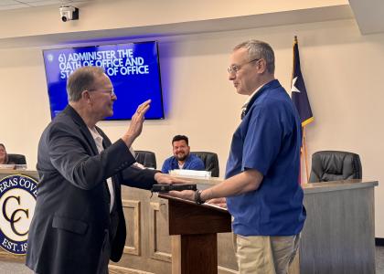 Mike Wilburn takes his oath of office for Place 5 on the Copperas Cove ISD board of trustees. 