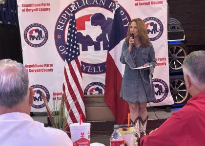 D'Rinda Randall, State Republican Party Chair, speaks at the Coryell County Republican Party fish fry in Gatesville on Saturday night.