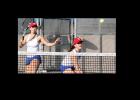 CCLP/TJ MAXWELL- Cove’s Tessa Bliss hits a backhand volley as doubles teammate Sydney Danemarks looks on during the Dawg Classic Tennis Tournament held Friday at Copperas Cove High School. Bliss and Danemarks finished fourth to lead the squad.